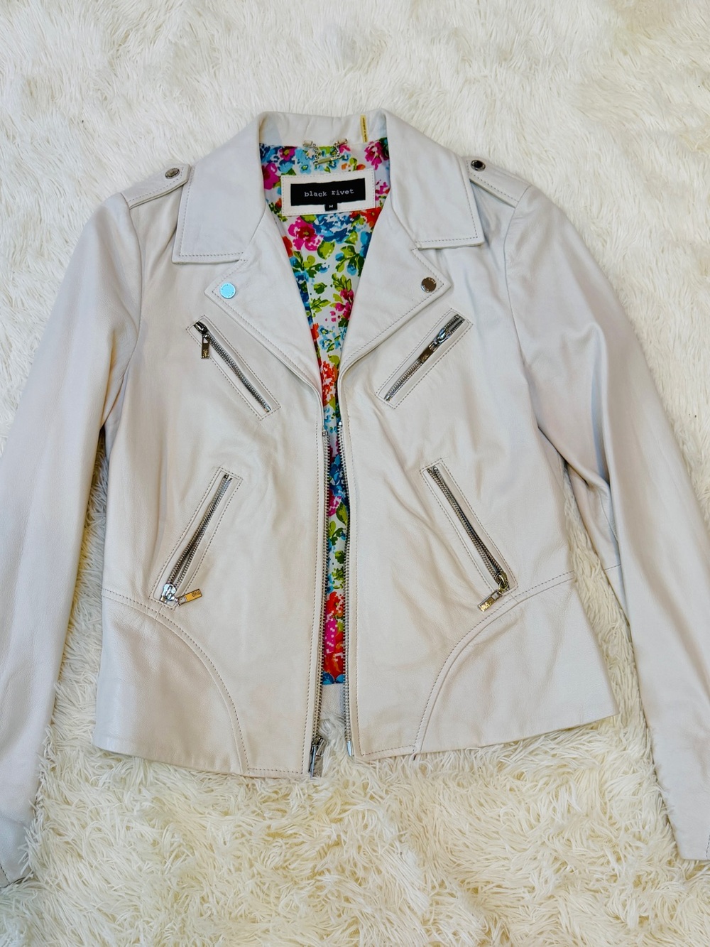 Black Rivet Cream Leather Moto Jacket with Floral Lining